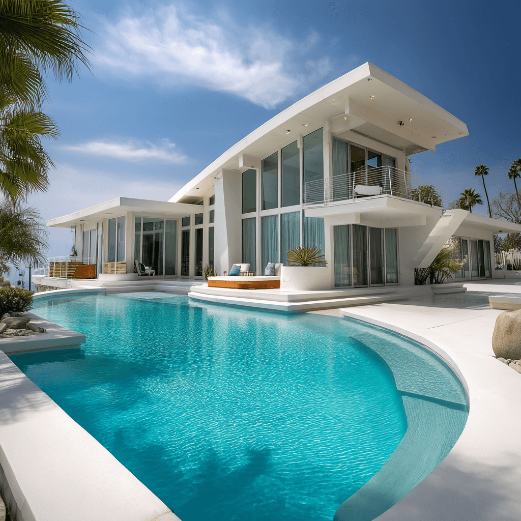 AI generated: luxurious mid-century modern mansion shaped like a sailboat, with whitewashed walls, expansive
deck...