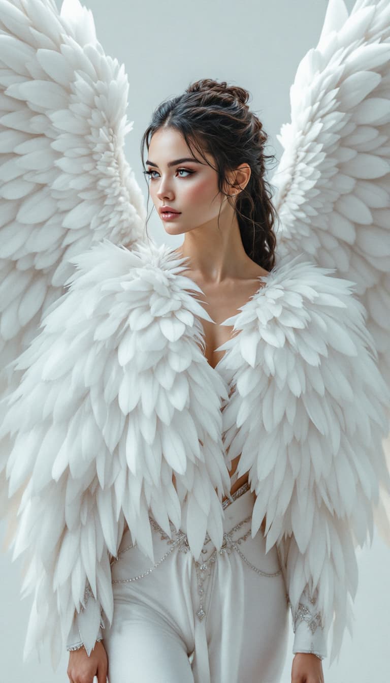 AI generated: An ultra-realistic, full-length attractive woman, her back the canvas for magnificent, snowy owl win...
