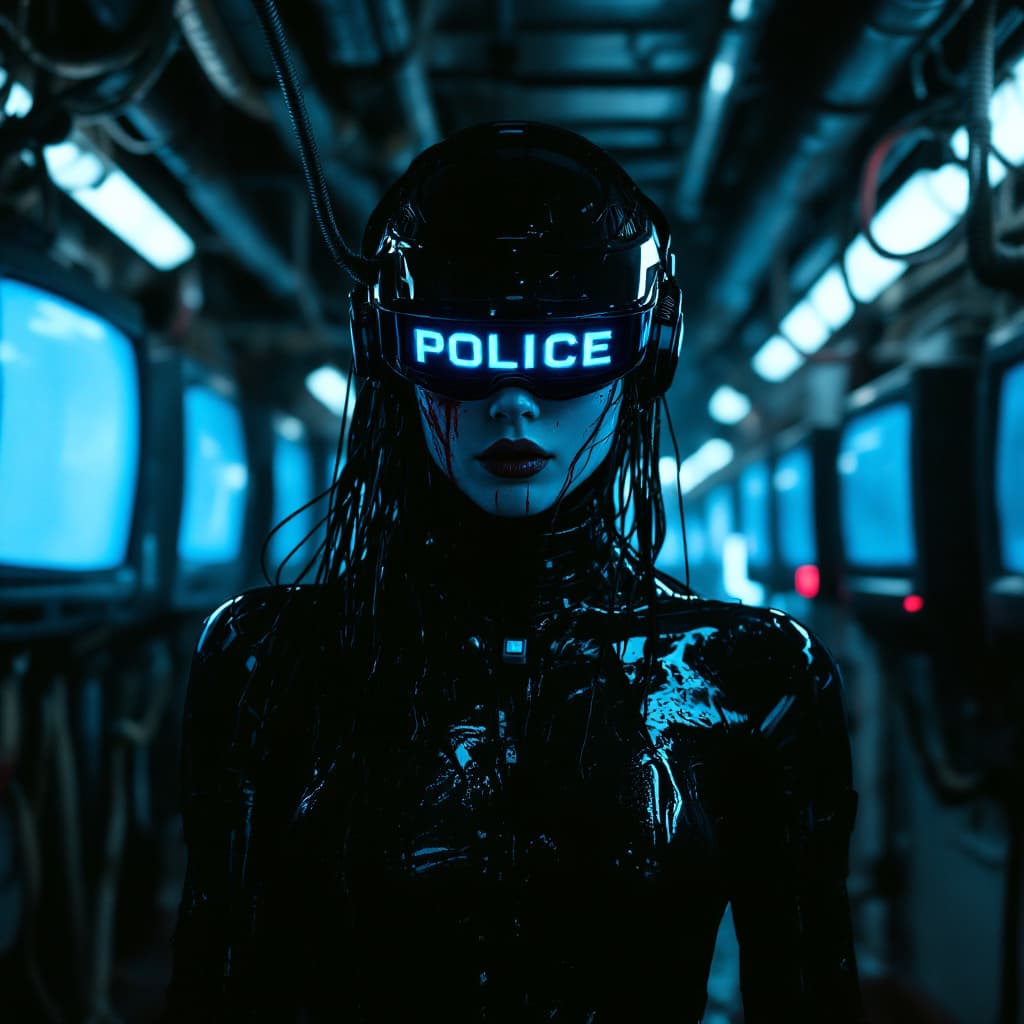 AI generated: 3 quarter angle of a  futuristic cyberpunk humanoid facing the camera  with a sleek black latex body...