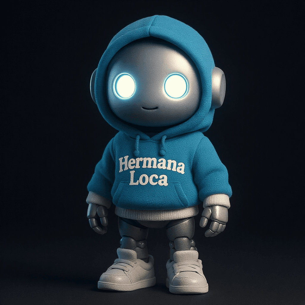 AI generated: A cute little robot with glowing eyes, wearing white sneakers and a blue hoodie jacket with "Hermana...