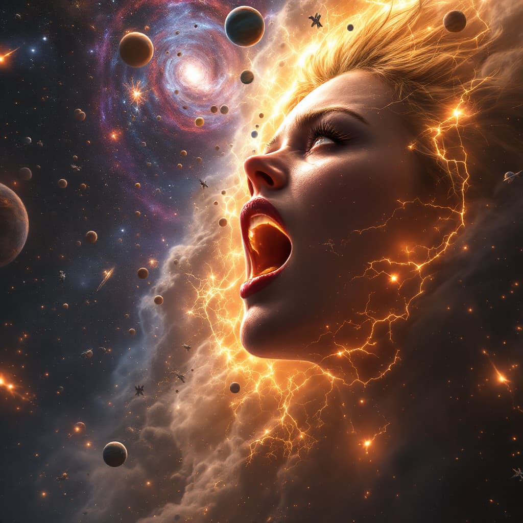 AI generated: enormous giantess captain marvel brie larson
bigger than a galaxy floating in space, minuscule plane...