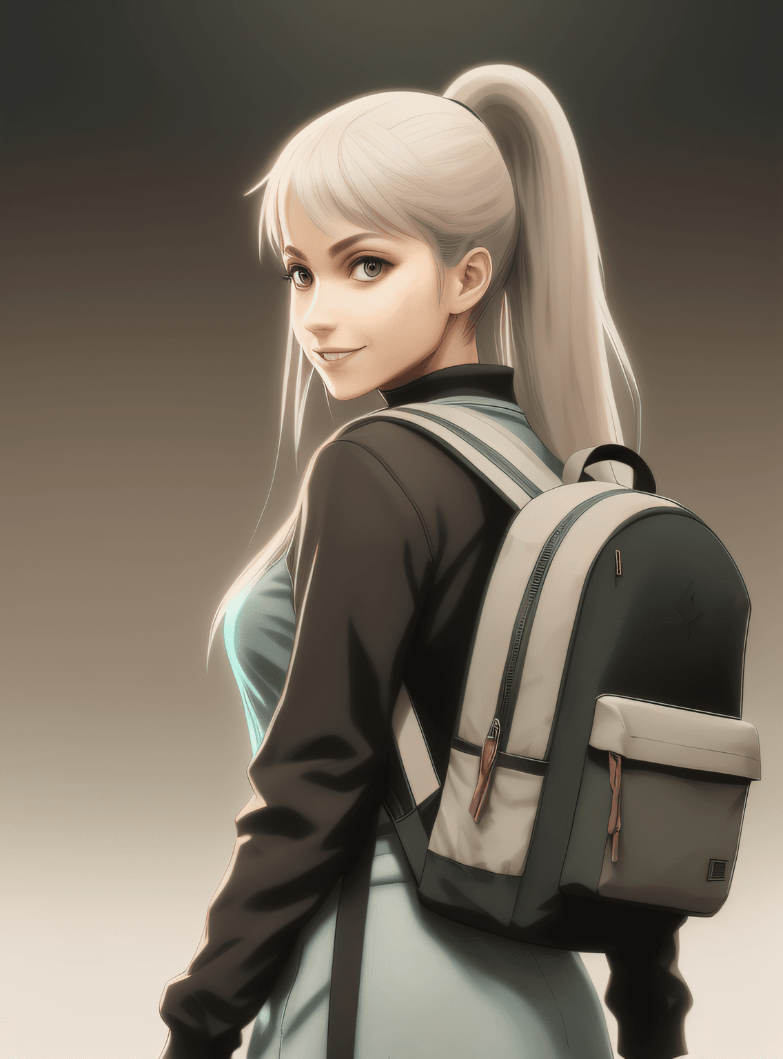 AI generated: a black woman, street smiling, backpack, ponytails, epic realistic, photo, faded, complex stuff arou...