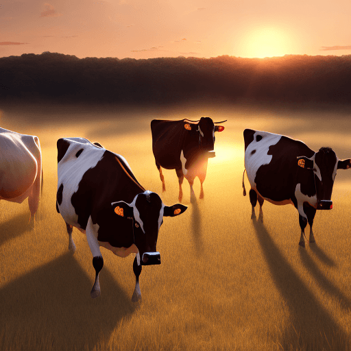 AI generated: Photo of a ultra realistic group of 4 cows, dramatic light, pale sunrise, cinematic lighting, batter...
