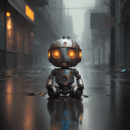 AI generated: very cute little robot sitting on the ground a little rusty and a little damaged left abandoned in a...