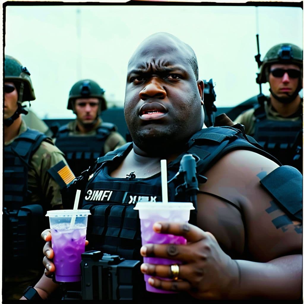 AI generated: grainy 80's photograph quality polaroid of an elite special forces team lead by an obese fat bald fe...