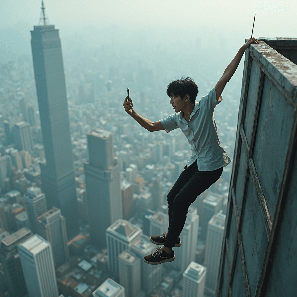 AI generated: Acrophobia composition, a worried Japanese youth hangs from the roof of a skyscraper, clinging to th...