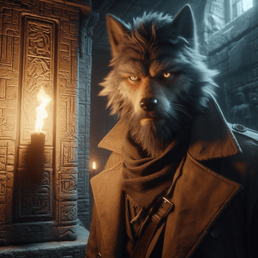 AI generated: The Watchful Drifter – Close-up professional cinematic 3D animation of a long-furred coyote man with...