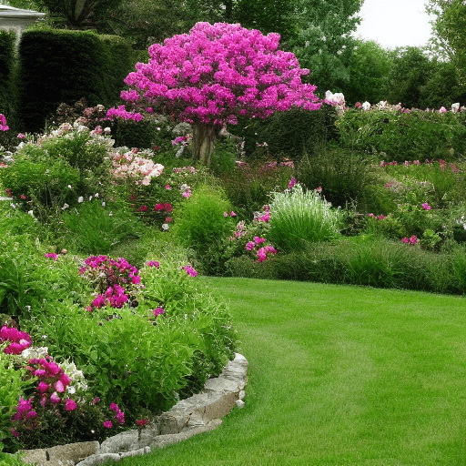AI generated: round lawn, around bushes and trees, roses, sage, peonies