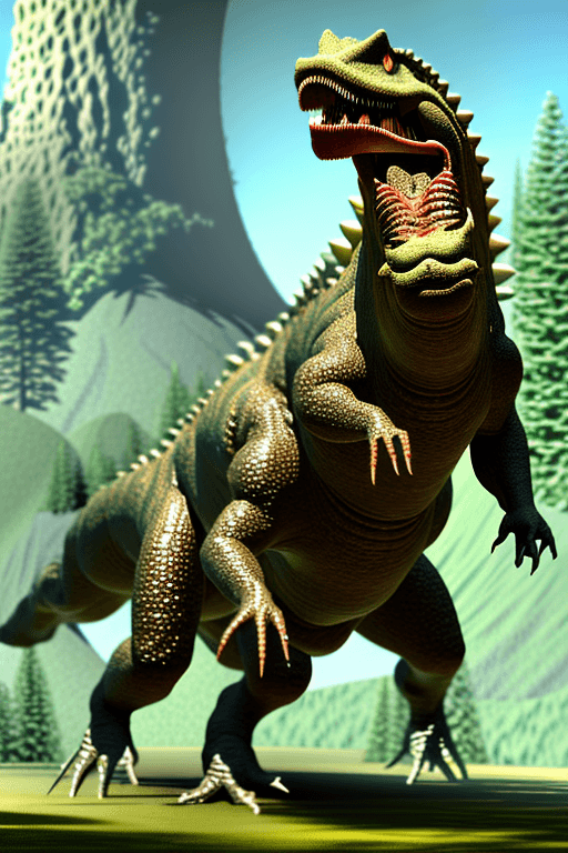 AI generated: titanosaurus, giant walking spinosaurus on hind legs, head of a newt, spinosaurus, large dorsal sail...