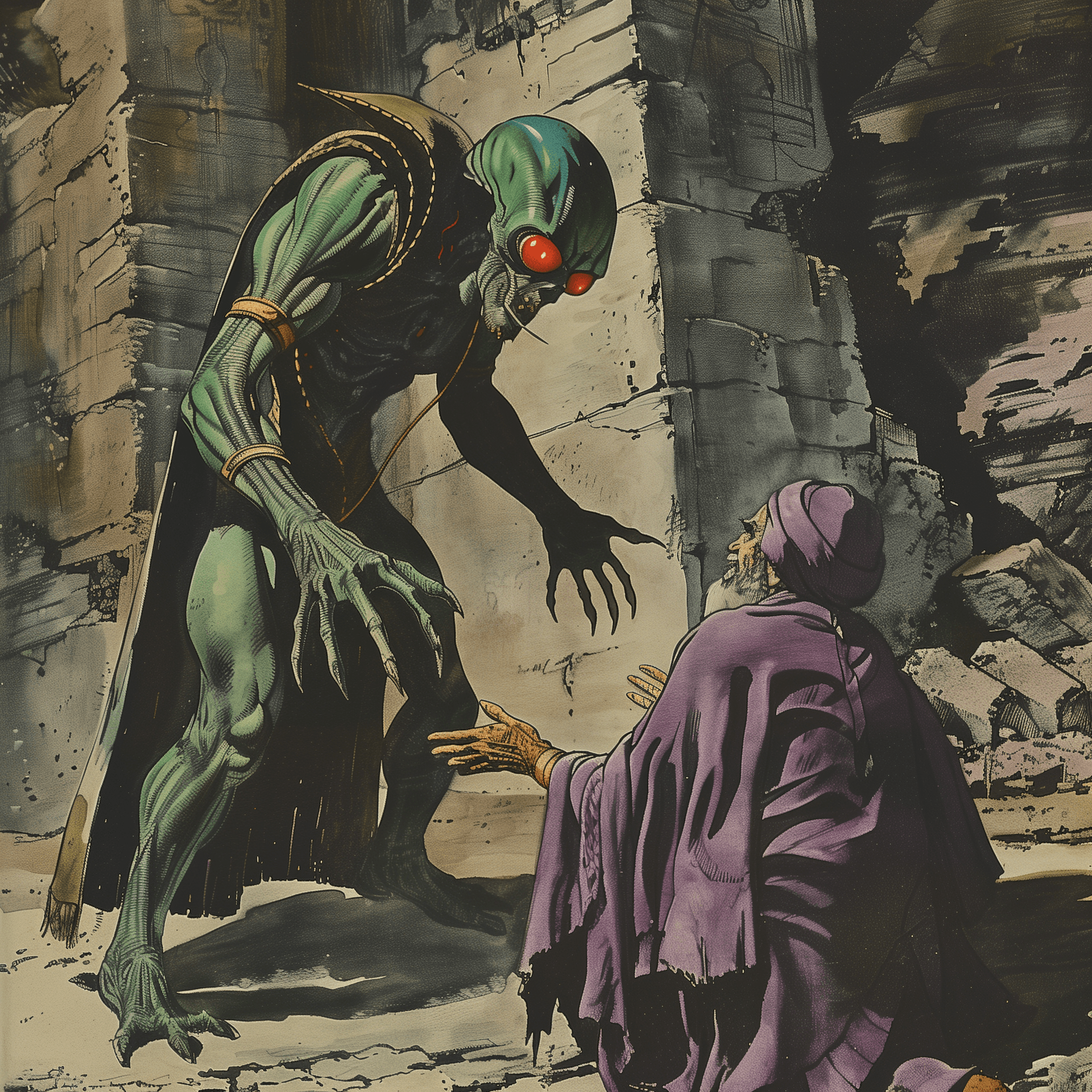 AI generated: A green-skinned alien with red eyes and large mandibles stands over an ancient man in purple robes w...