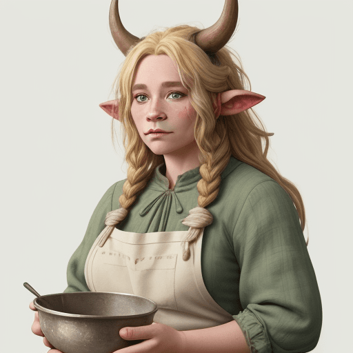 AI generated: firbolg female baker, wild blonde hair, large build, soft look, cow nose, cow ears, no horns, light ...
