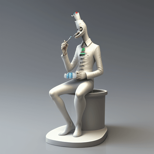 AI generated: a man sitting on top of a toothbrush holder with a toothpaste in it's mouth; neoplasticism, a surrea...