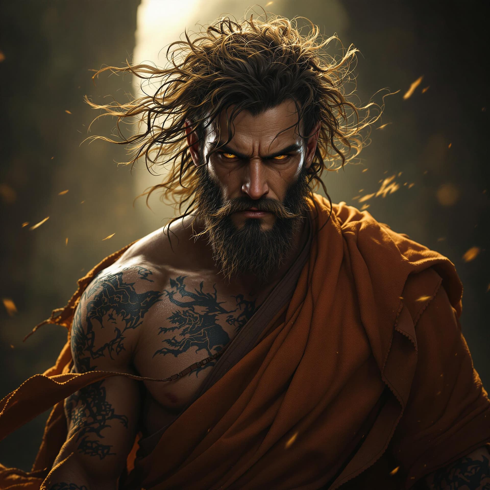 AI generated: Photo of a ultra realistic portrait, dramatic light, middle aged male satyr, tan skin tone, curly br...