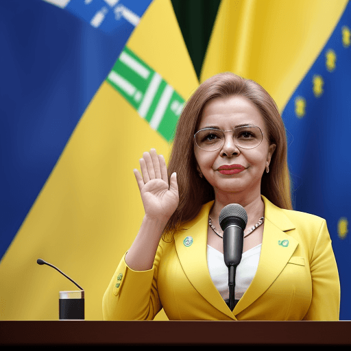 AI generated: https://s.mj.run/qg634w3pPkQ She is at Brazil's national congress on a stage, with her right arm rai...