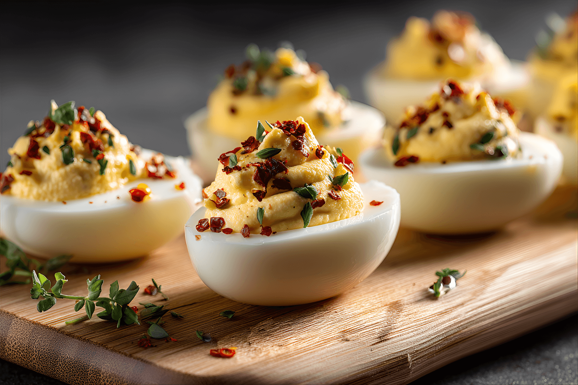 AI generated: eggs on a light brown wooden board, several deviled eggs,  with creamy yellow filling and small bits...