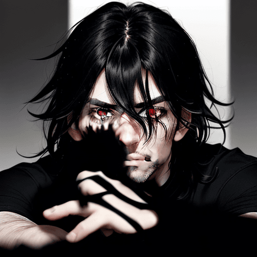 AI generated: 1boy, black_eyes, red_eyes, black_hair, long_hair, messy_hair, bangs, hair_between_eyes, stubble, ey...
