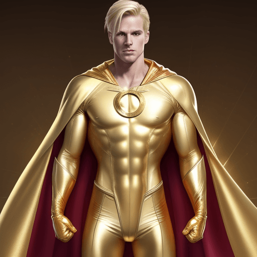 AI generated: male superhero named champion blond hair, no symbol on chest, skin tight gold suit, gold cape, gold ...
