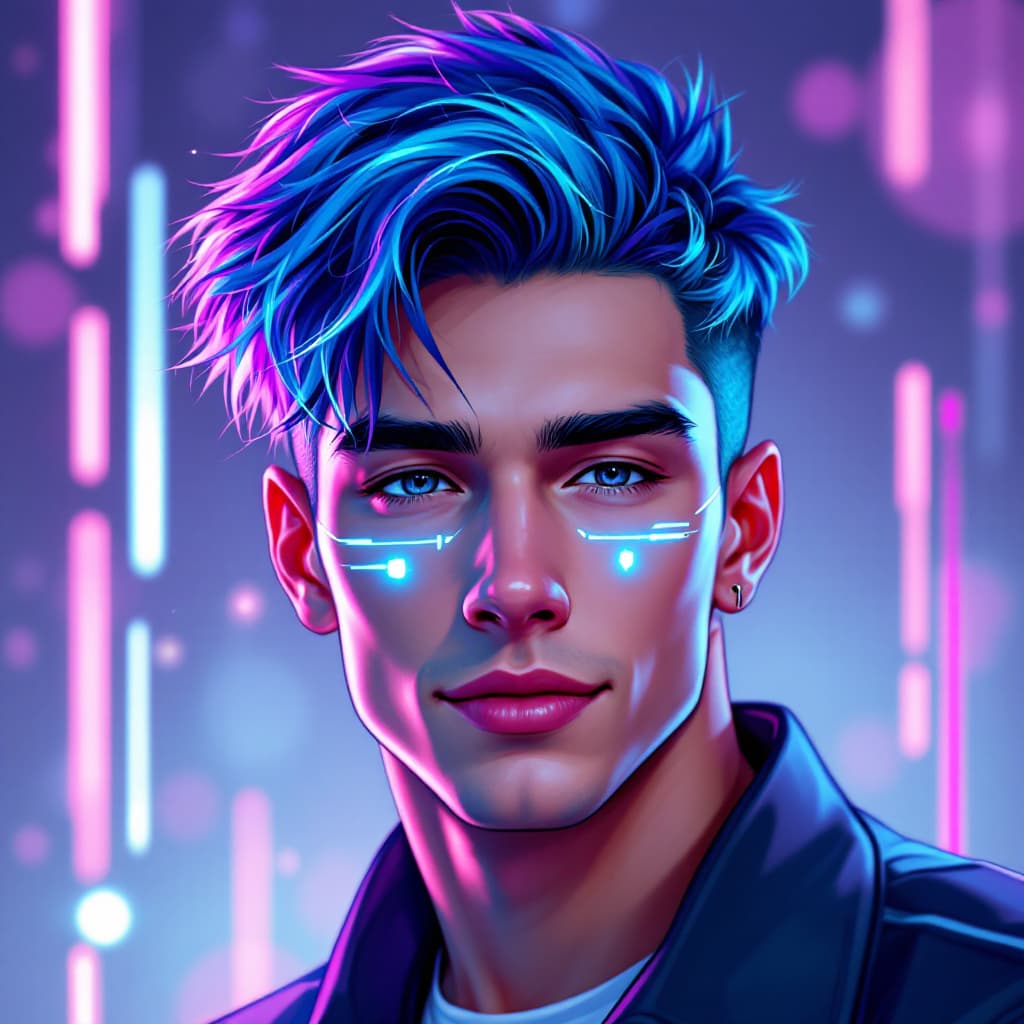 AI generated: A vibrant and detailed digital avatar of a stylish young adult male with a futuristic and artistic v...