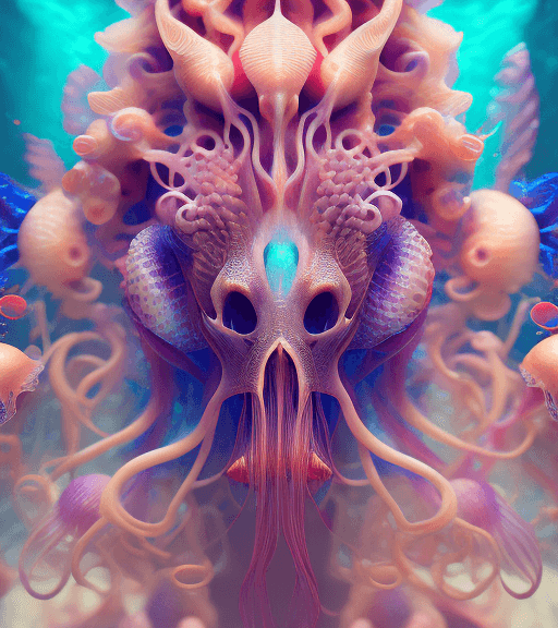 AI generated: Goddess close-up portrait ribcagel. jellyfish phoenix head, nautilus, orchid, skull, betta fish, bio...