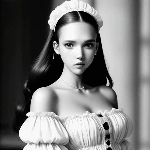 AI generated: a black and white photo of a woman in a dress, tumblr, renaissance, vogue france, wearing a white fo...