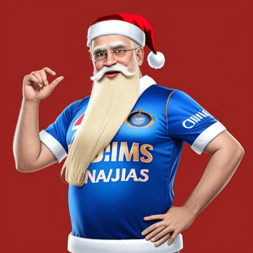 AI generated: santa claus in mumbai indians jersey playig cricket