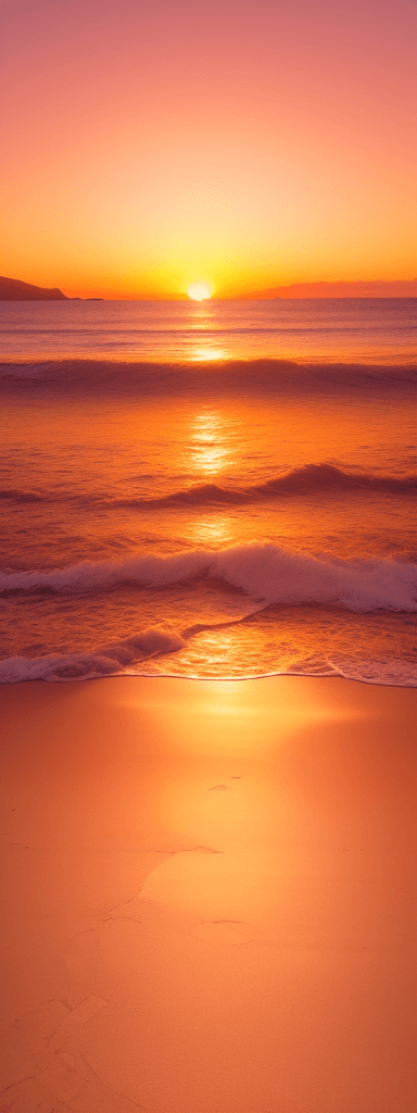 AI generated: A pristine beach bathed in the warm hues of a setting sun. Golden sands stretch for miles, meeting t...