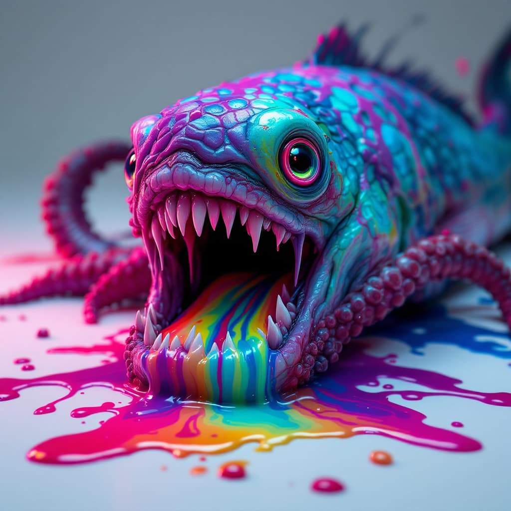 AI generated: Mensch, 
teeth, brains, sploodge, goober, inverted neon rainbow drip paint, trending on art station,...