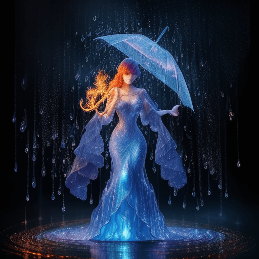 AI generated: An enchanting figure made of enchanted flames stands holding a magnificent umbrella made of cascadin...