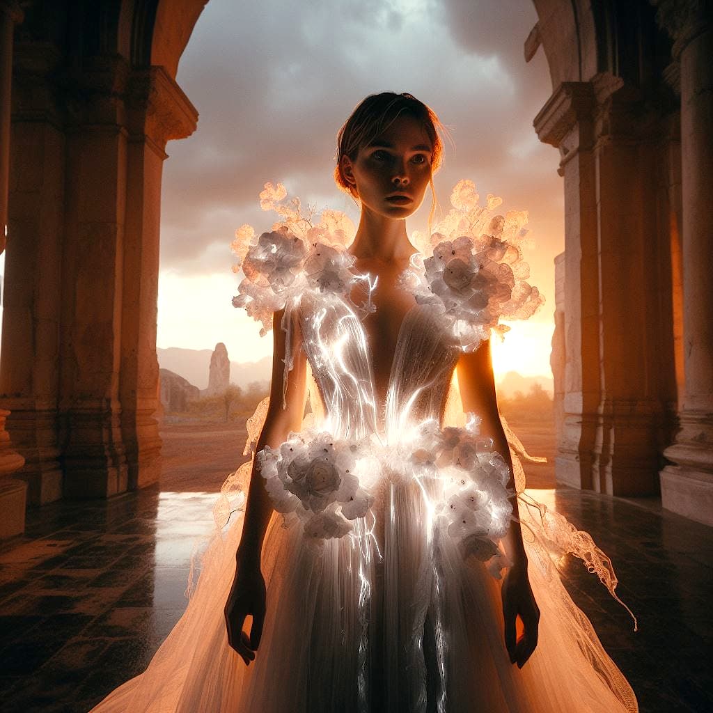 AI generated: Medium Long Shot of a beautiful model wearing a Cyberpunk white glowing dress made of thunder clouds...