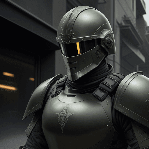 AI generated: Futuristic soldier with knight armor, weaponry, and helmet, dark army green, street, overcast, refle...
