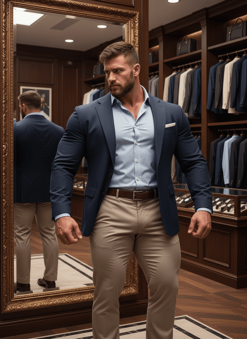 AI generated: At a very luxurious men's clothing store, the bodybuilder is white male, 6 feet 4 inches tall, he ha...