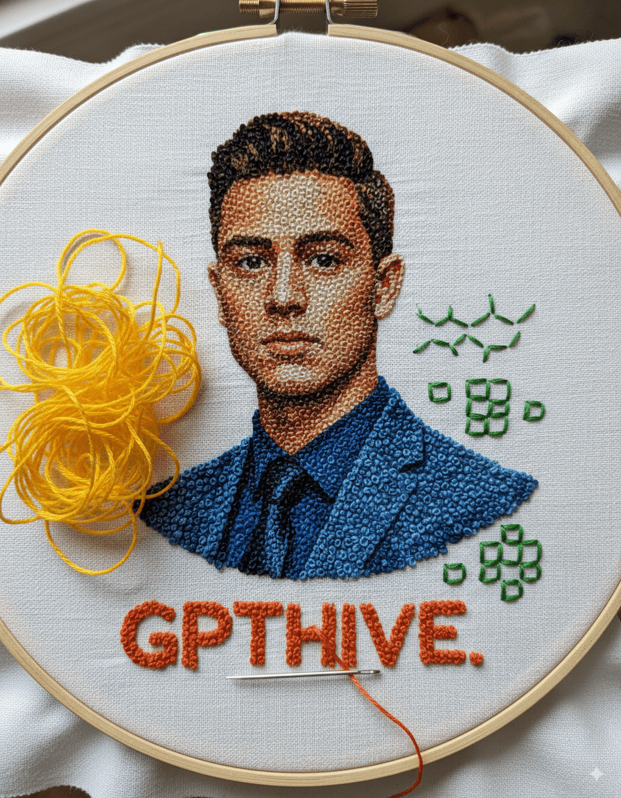 AI generated: A close-up photograph of hand embroidery in progress, set on a white, textured fabric stretched with...