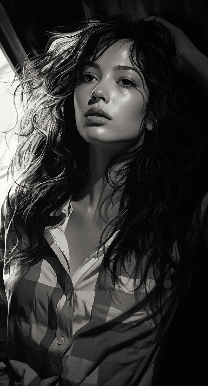 AI generated: a woman posing in black and white, in the style of portraits with soft lighting, janice sung, john m...