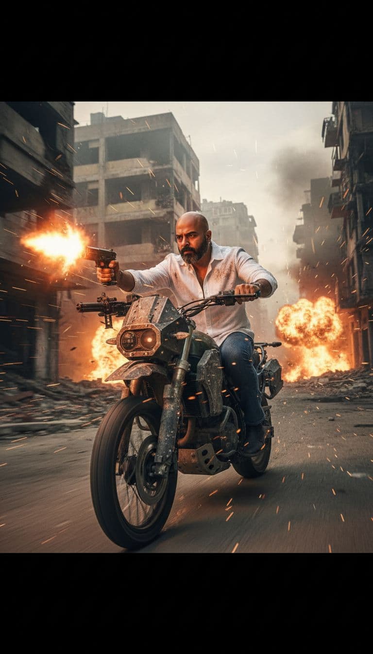 AI generated: ""Start with a close-up on the man's determined face as he fires the gun, muzzle flash illuminating ...