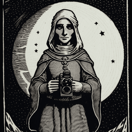 AI generated: A nomad holding a camera standing on a hill, stars in sky, moon with face in sky, alchemical art, me...