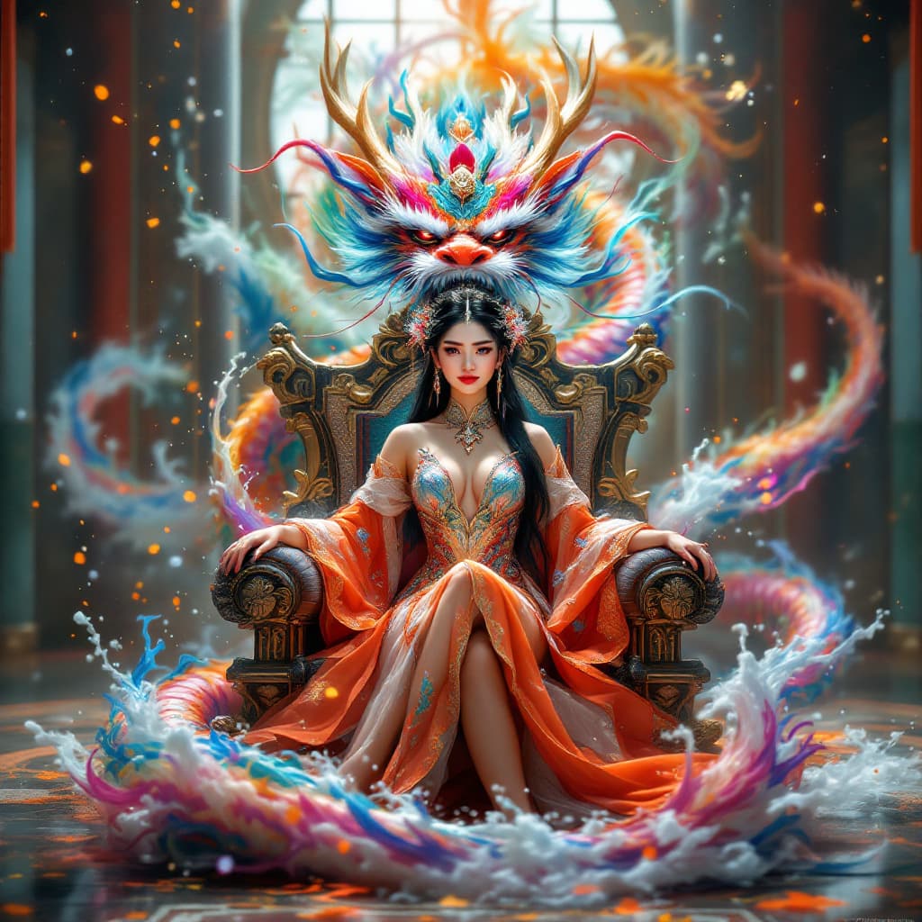 AI generated: showcase the magnificence of Orochi, colorful masterpiece, 1 lady, extremely detailed dragon, luxury...