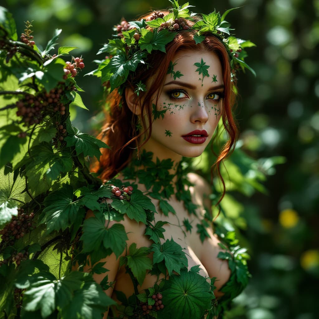 AI generated: ultra detailed photo shot of a woman (Jia Lissa) dressed as Poison Ivy, with wings made of ((grassy-...