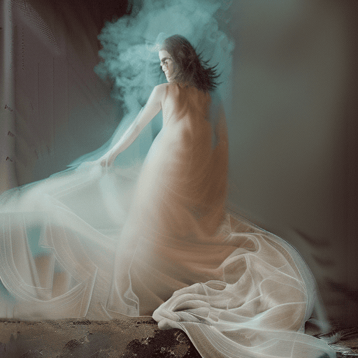 AI generated:  A hyper-realistic, cinematic image of a beautiful ghostly woman, her nude form gracefully cloaked i...