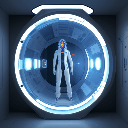 AI generated: A person enters a futuristic one-man capsule chamber in a room. Detailed.