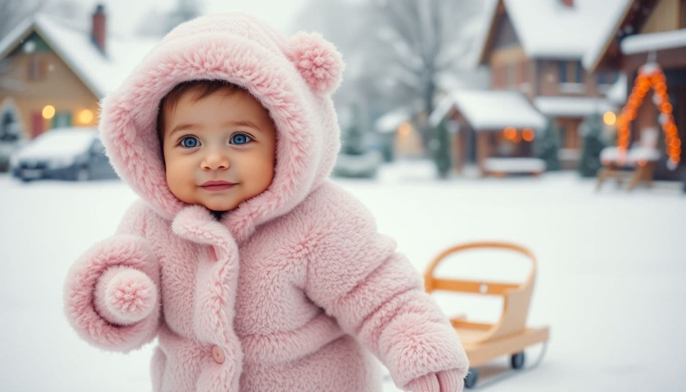 AI generated: "A chubby toddler bundled up in a fluffy pink coat with matching earmuffs and mittens, waddling thro...