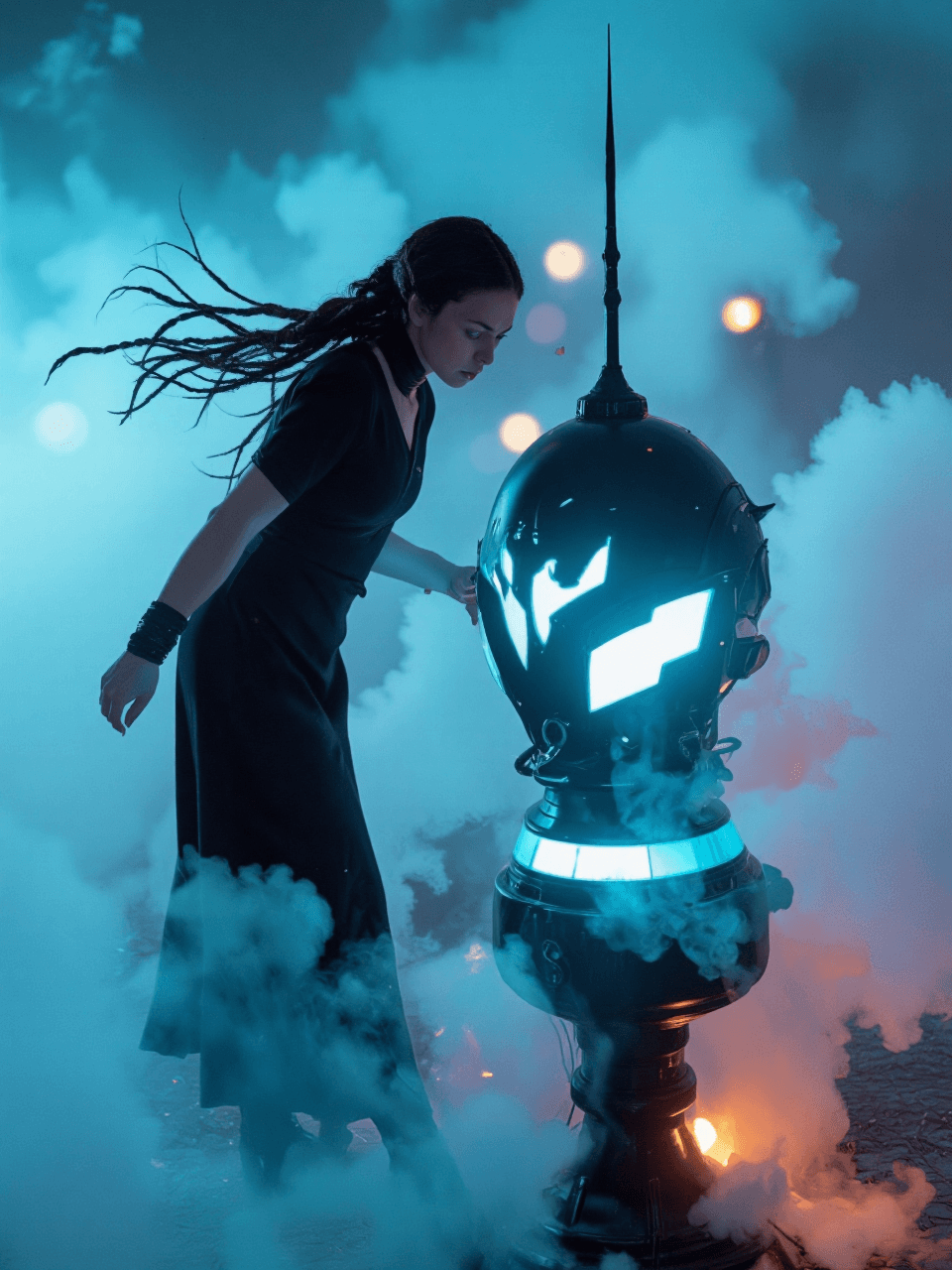 AI generated: A woman with long braids and piercing blue eyes gazes intently into a surreal world where technology...