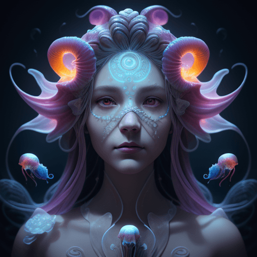 AI generated: Goddess close-up portrait ribcagel. jellyfish phoenix head, nautilus, orchid, skull, betta fish, bio...