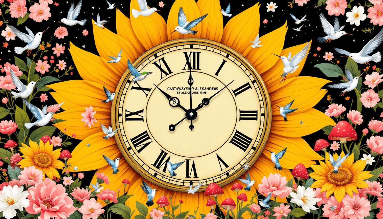 AI generated: Large, vibrant sunflower-shaped clock face; antique style clock; Roman numeral hour markers; light b...