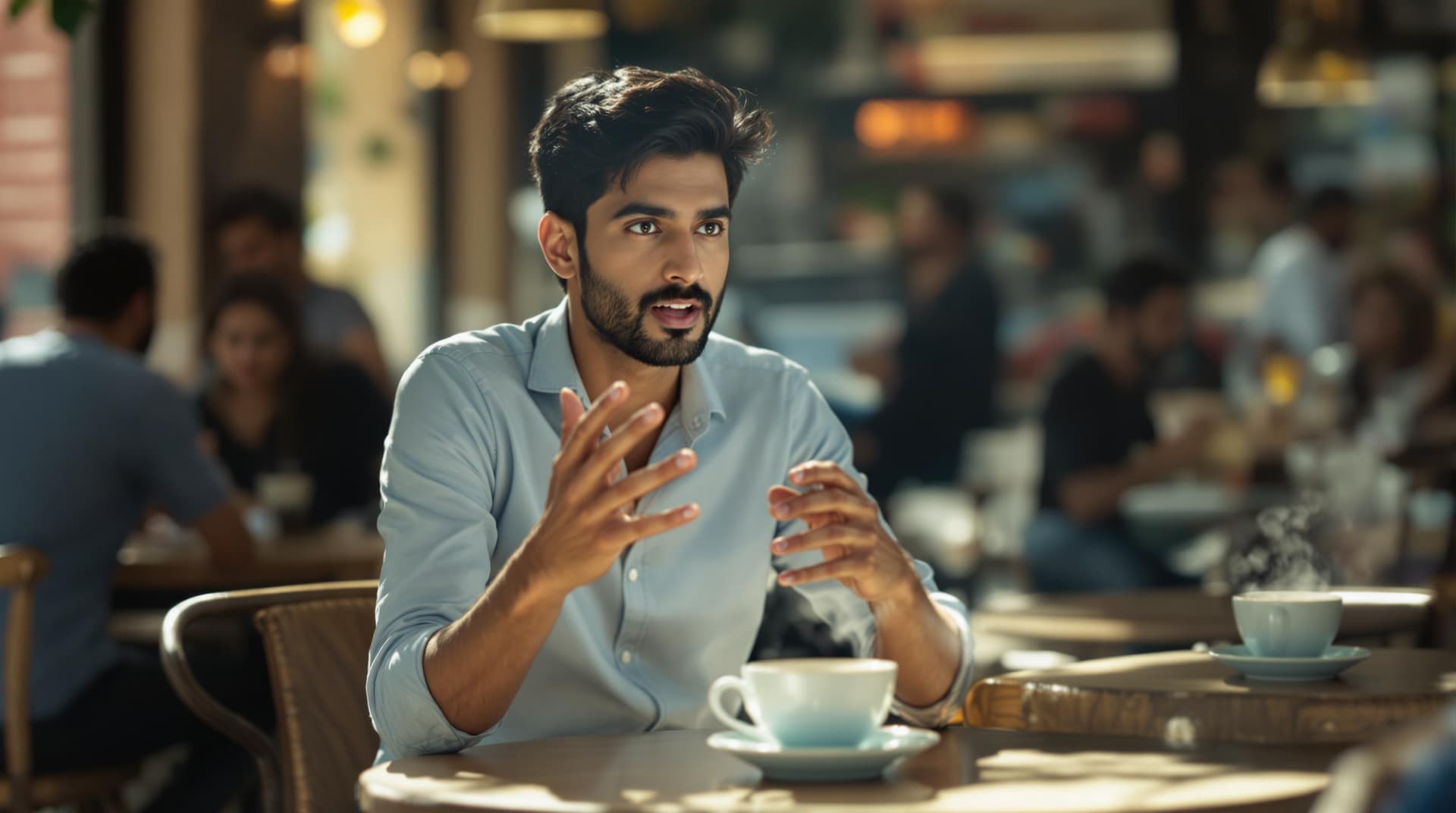 AI generated: "A cinematic close-up of Rahul Sharma , a young Indian man in his late 20s with short black hair sty...