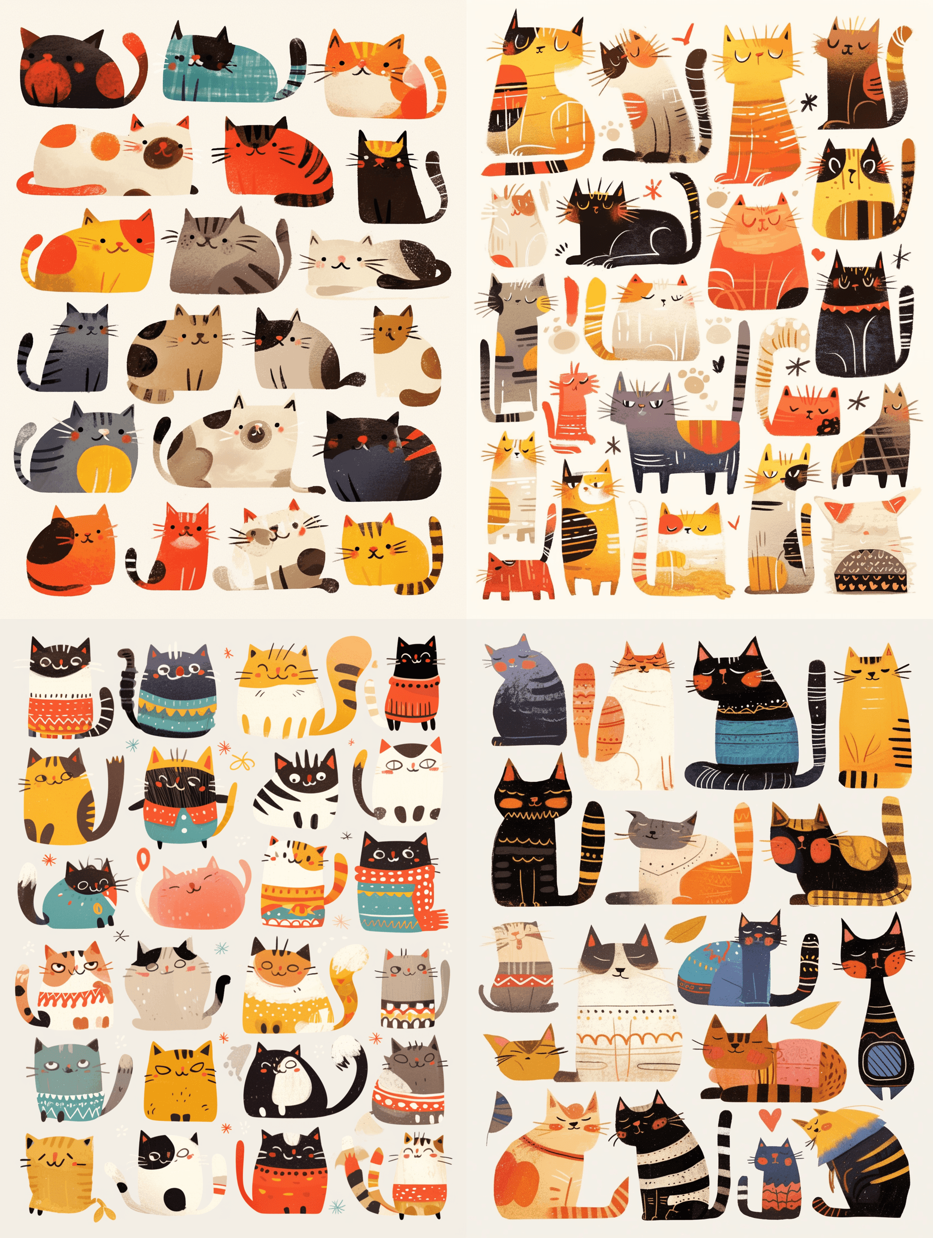 AI generated: Cute cats illust rations, arranged on patchwork squares,each cats with its own expressive face and p...