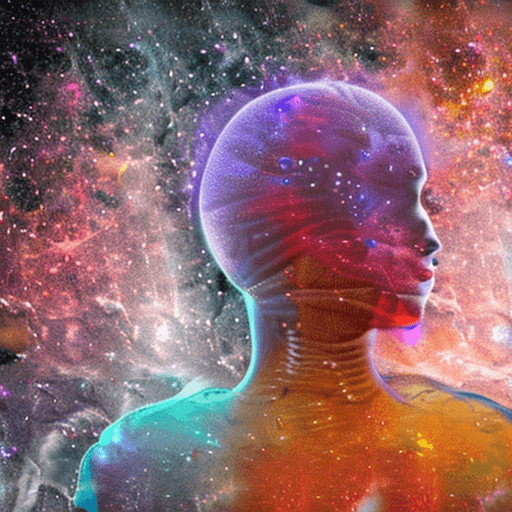 AI generated: Translucent dissolving human body head to toe made of radiating light seamlessly blending with the c...
