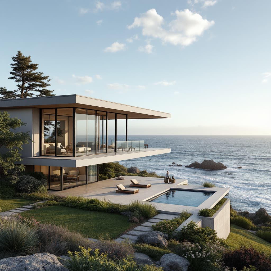 AI generated: Hyper realistic eye level exterior photo of a mid century modern style house overlooking the ocean, ...