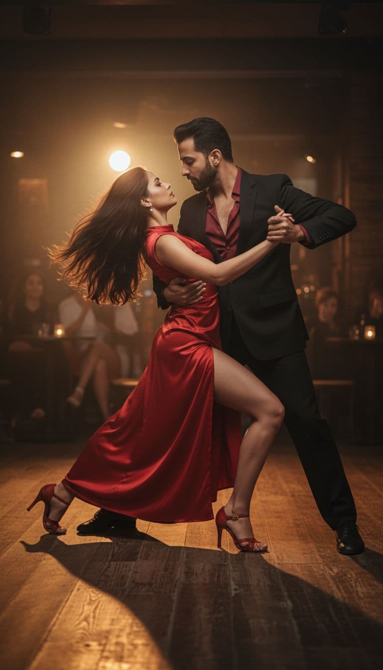 AI generated: A passionate Argentine tango couple in a dramatic dance position. The man wears a sharp black suit w...