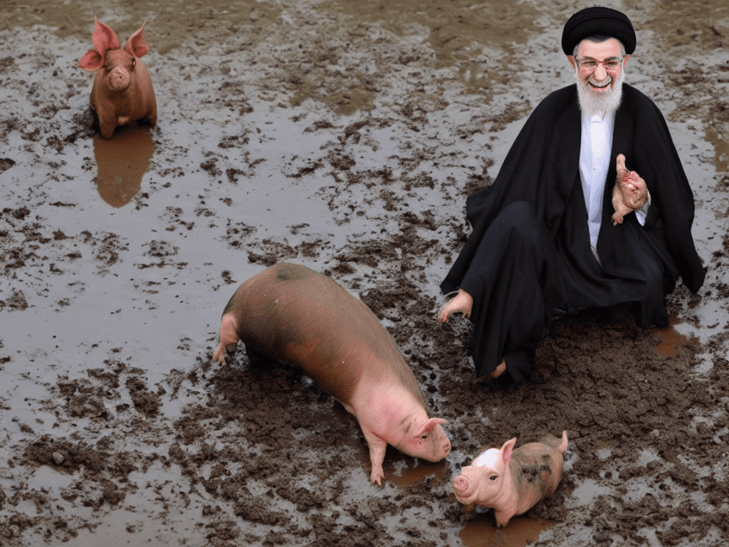 AI generated: portrait of ali khamenei holding a pig and laughing in a puddle of mud