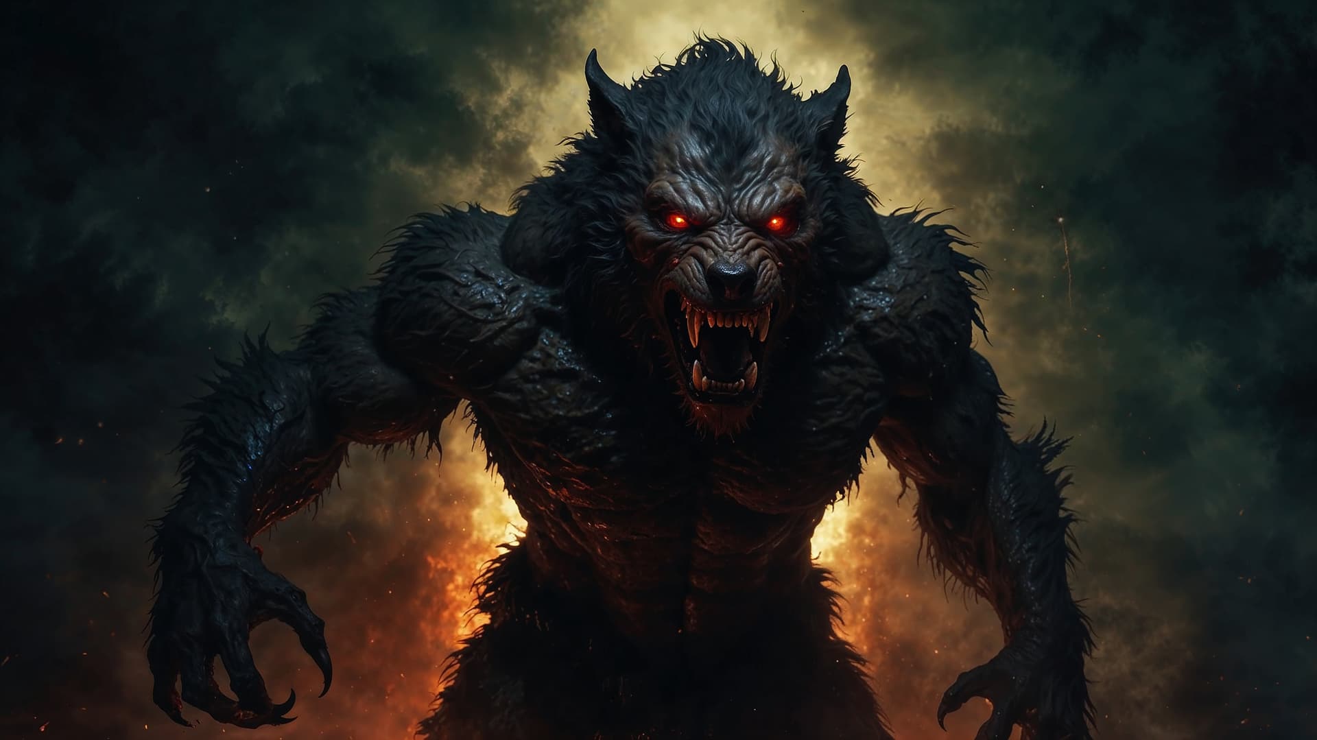 AI generated: "Create a chilling image of an evil werewolf emerging from the depths of hell. The werewolf is a gro...